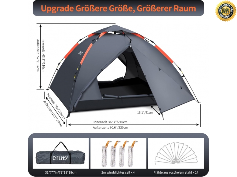 3-4 Personen Pop-Up Zelt  Wurfzelt, Automatisch, Wasserdicht,  Pyramidenform, Inkl. Fenster Camping Zelt